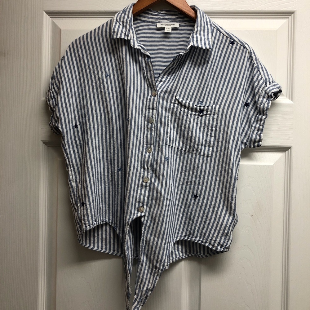 Beach Lunch Lounge Small Casual Striped Short-Sleeve Button Blue/White
